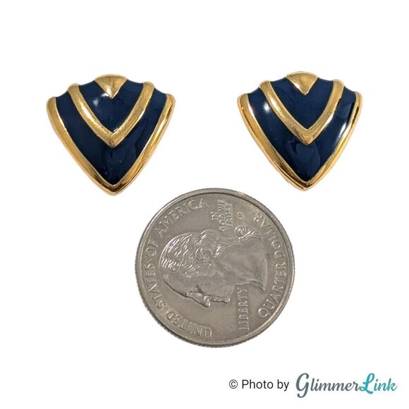 VTG 80s Avon Abstract Style Dark Blue Chevron Enamel Gold Tone Clip On Earrings - Picture 5 of 10